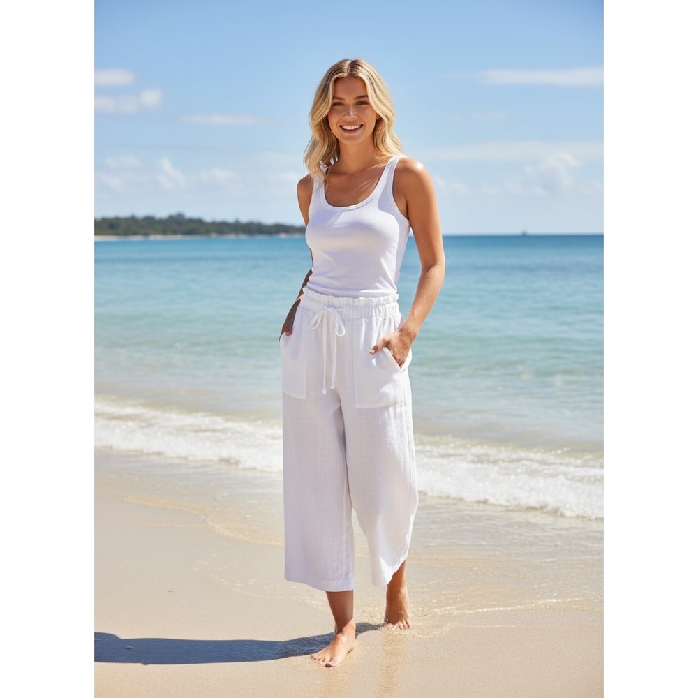 Zac & Rachel Linen Wide Leg Pants Womens 2X White Relaxed Coastal Cruise Resort